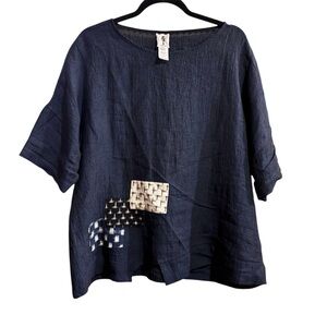 Yasuko Kurisaka Abstract Print Boxy Tunic Top Navy Art To Wear Lagenlook Sz M/L